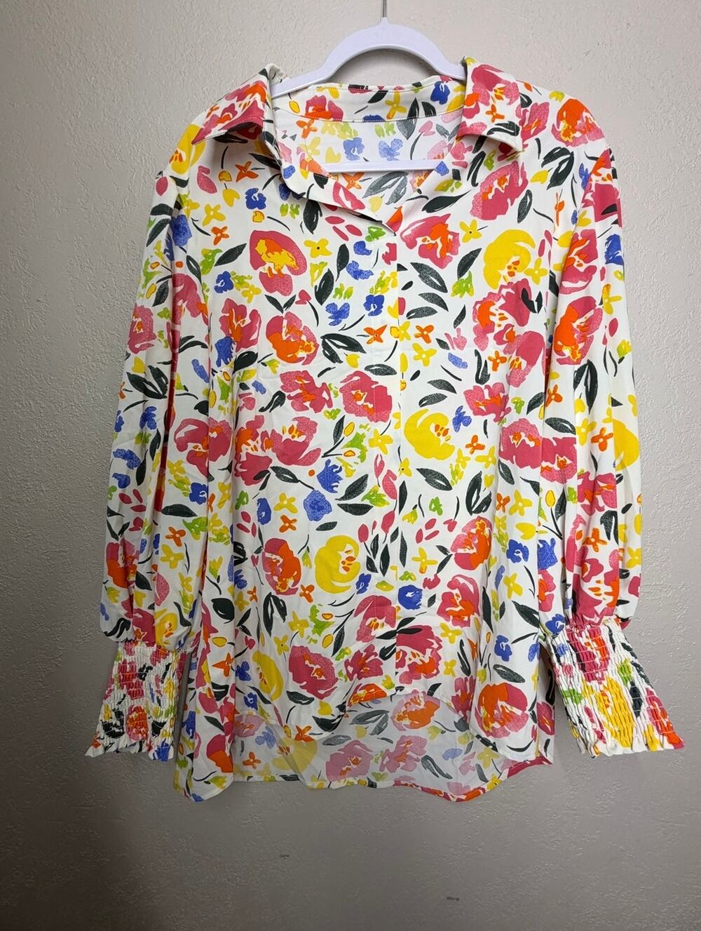 Women's XL Colorful Floral Print Blouse Smocked Cuff Long Sleeve Boho Top